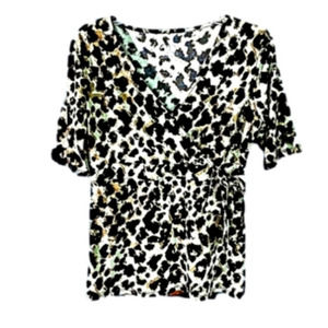 Merona M Surplus Black And White Short Sleeve Self Tie Leopard Print Top